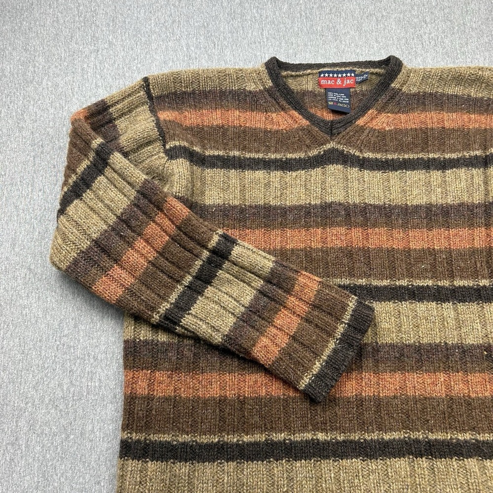 Mac & Jac Pullover‎ Wool Vneck Sweater Womens Medium Brown Stripe 90s Fall